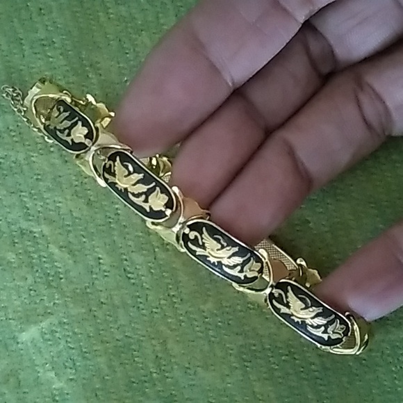 Vintage Damascene Panel Bracelet w/24K Gold Inlay Bird & Floral - Picture 1 of 8
